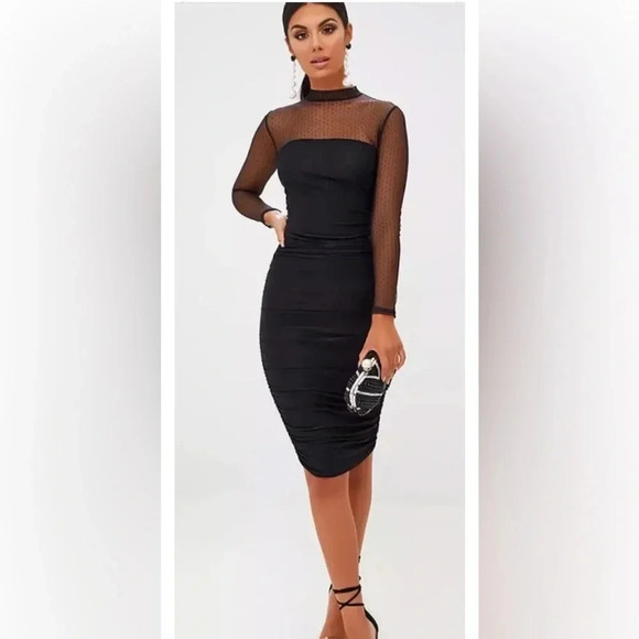 PrettyLittleThing Dresses & Skirts - Pretty Little Thing Black Illusion Ruched Bodycon Midi Dress Womens 6 (1222)